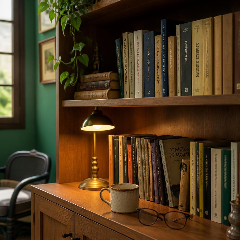 Estante de madeira em uma casa brasileira com livros de literatura nacional, luminária de bronze e xícara de café